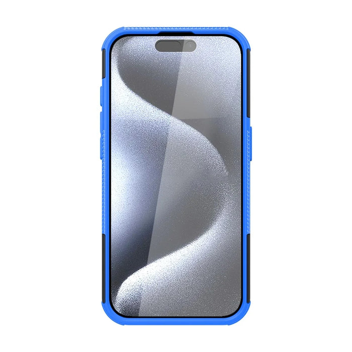 For iPhone 15 Pro PC+TPU Phone Case Tire Texture Anti-Slip Kickstand Cover - Blue - 4