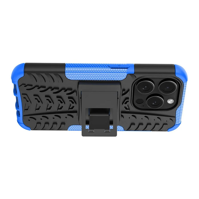 For iPhone 15 Pro PC+TPU Phone Case Tire Texture Anti-Slip Kickstand Cover - Blue - 5