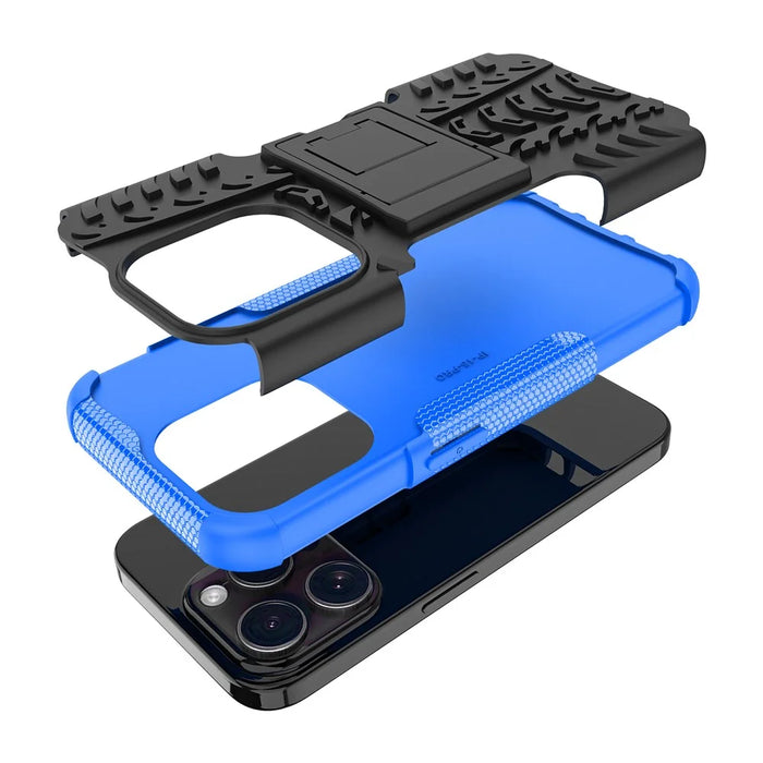 For iPhone 15 Pro PC+TPU Phone Case Tire Texture Anti-Slip Kickstand Cover - Blue - 6