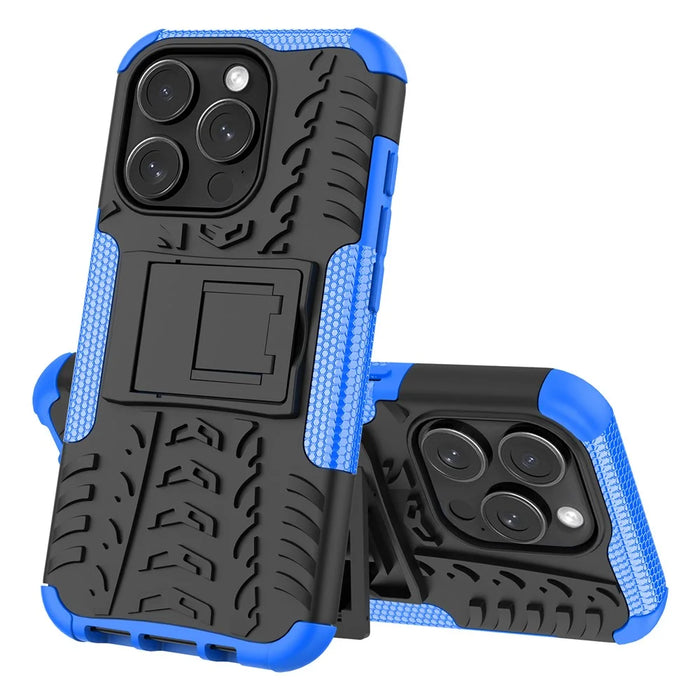 For iPhone 15 Pro PC+TPU Phone Case Tire Texture Anti-Slip Kickstand Cover - Blue - 7