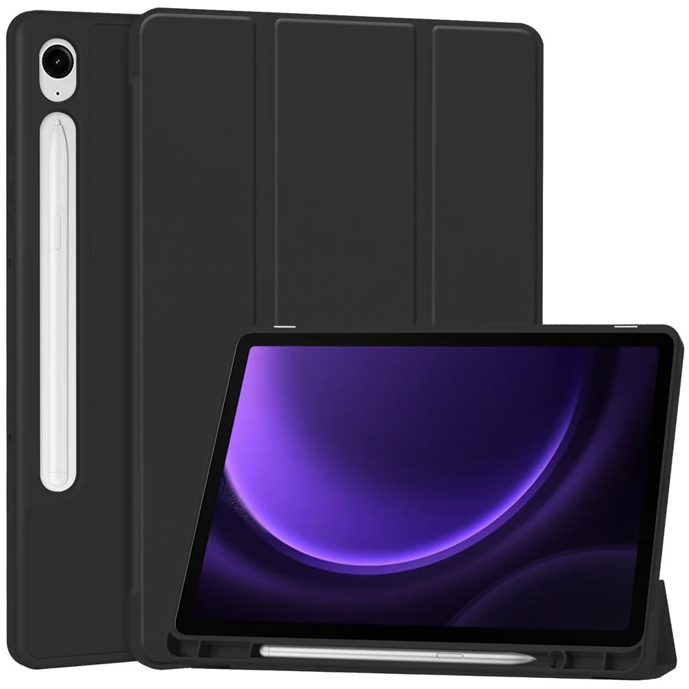 For Samsung Galaxy Tab S10 FE / S9 FE Leather Case Tri-Fold Stand Pen Slot Tablet Cover - Black - 1