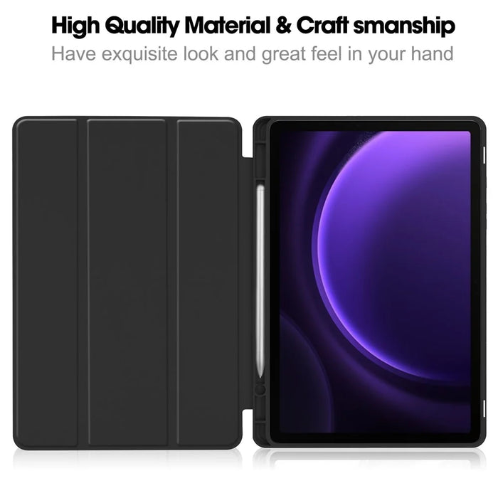 For Samsung Galaxy Tab S10 FE / S9 FE Leather Case Tri-Fold Stand Pen Slot Tablet Cover - Black - 2