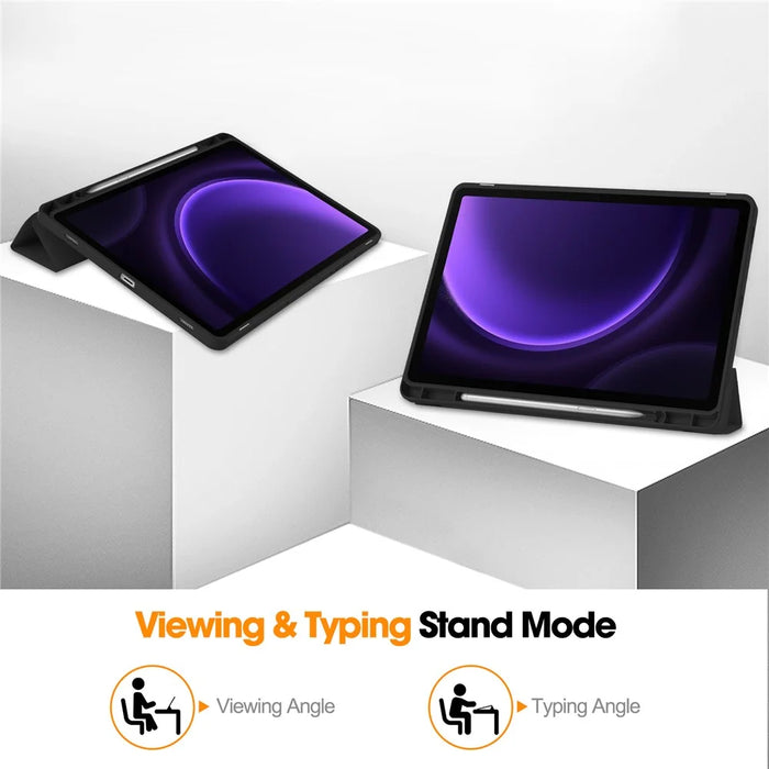 For Samsung Galaxy Tab S10 FE / S9 FE Leather Case Tri-Fold Stand Pen Slot Tablet Cover - Black - 4