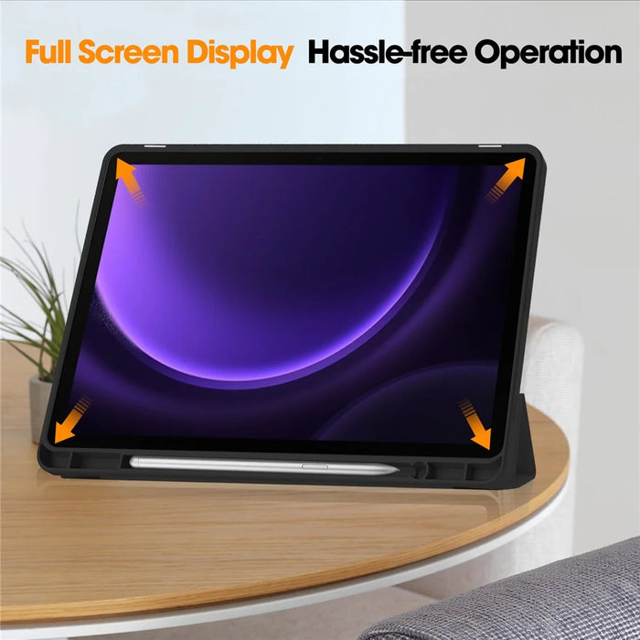 For Samsung Galaxy Tab S10 FE / S9 FE Leather Case Tri-Fold Stand Pen Slot Tablet Cover - Black - 5