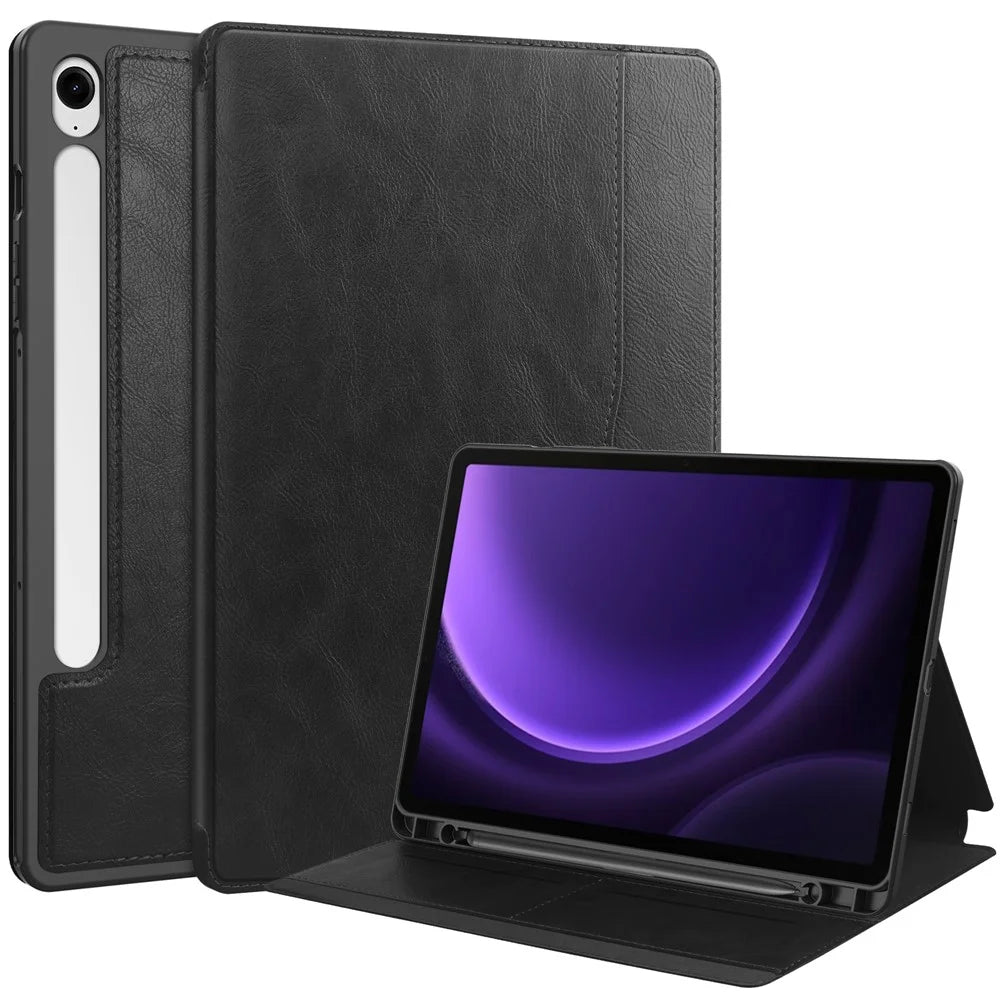For Samsung Galaxy Tab S10 FE / S9 FE Leather Business Folio Cover Smart Tablet Case with Card Holder - Black - 1