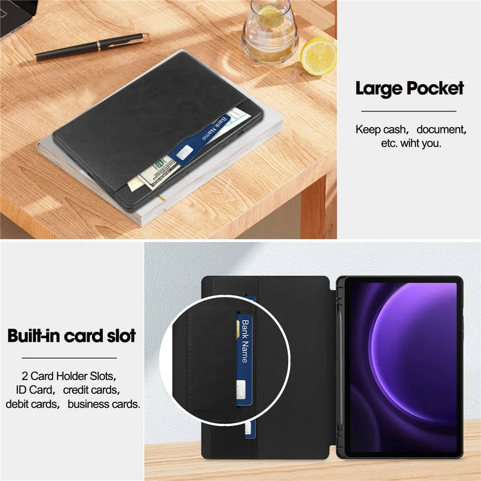For Samsung Galaxy Tab S10 FE / S9 FE Leather Business Folio Cover Smart Tablet Case with Card Holder - Black - 3