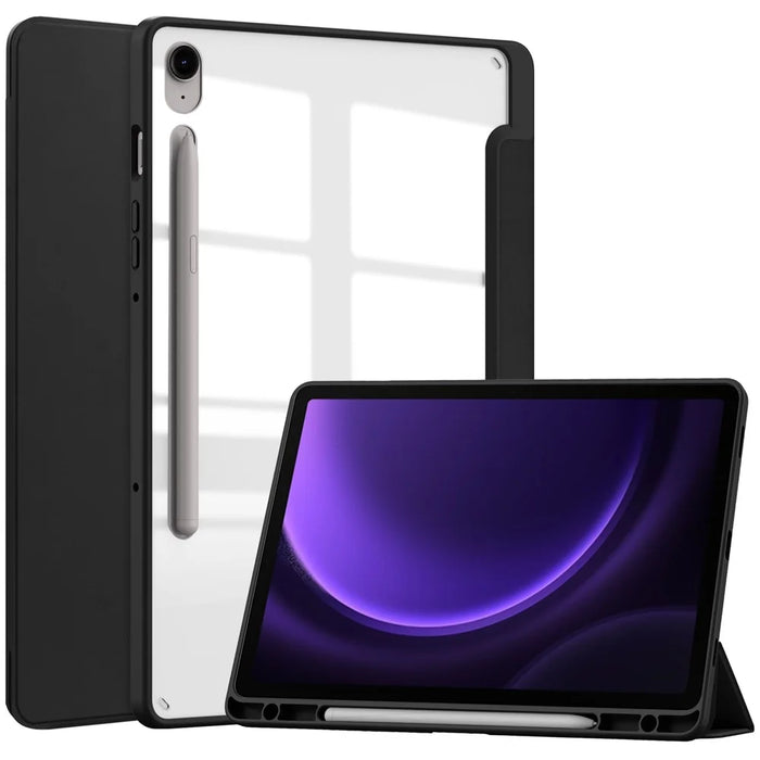 For Samsung Galaxy Tab S10 FE / S9 FE Tablet Case Leather+TPU+Acrylic Stand Cover with Pen Slot - Black - 1