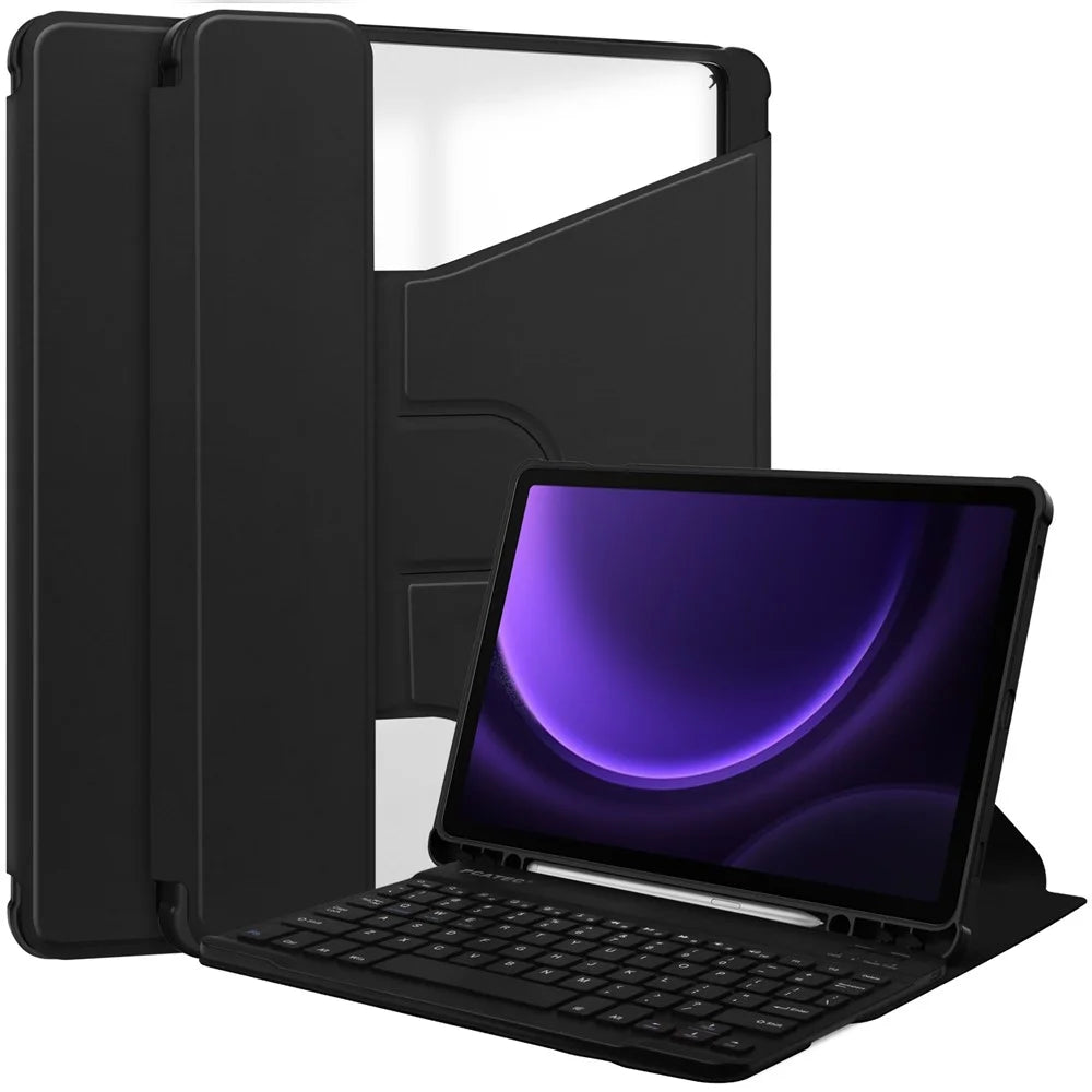 For Samsung Galaxy Tab S10 FE / S9 FE Case Leather+Acrylic Rotary Stand Cover with Bluetooth-Compatible Keyboard - Black - 1