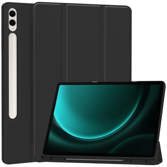 For Samsung Galaxy Tab S9 FE+ Case Tri-fold Stand Pen Slot Tablet Leather Cover - Black - 1