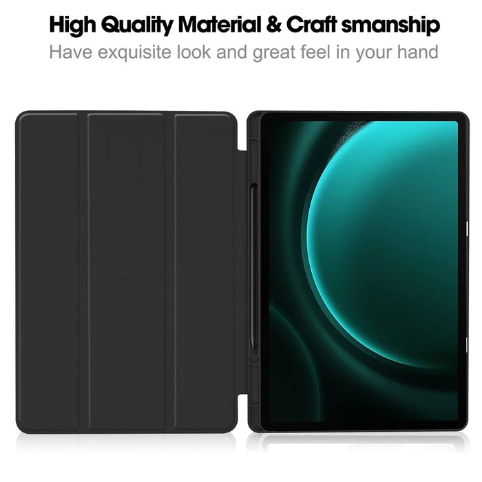 For Samsung Galaxy Tab S9 FE+ Case Tri-fold Stand Pen Slot Tablet Leather Cover - Black - 2
