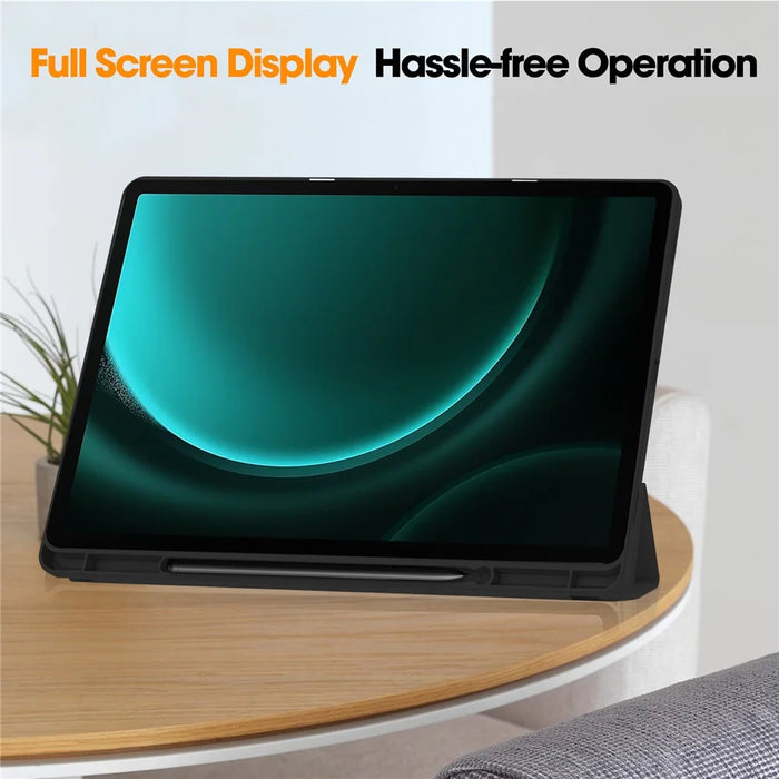 For Samsung Galaxy Tab S9 FE+ Case Tri-fold Stand Pen Slot Tablet Leather Cover - Black - 5