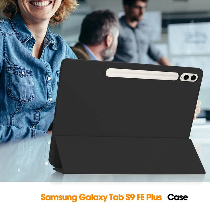For Samsung Galaxy Tab S9 FE+ Case Tri-fold Stand Pen Slot Tablet Leather Cover - Black - 7