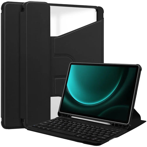 For Samsung Galaxy Tab S9 FE+ Case with Bluetooth-compatible Keyboard Rotary Stand Tablet Cover - Black - 1