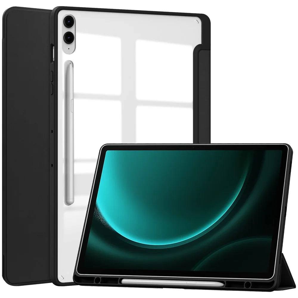 For Samsung Galaxy Tab S9 FE+ Clear Case Pen Slot Tablet Tri-fold Stand Cover - Black - 1