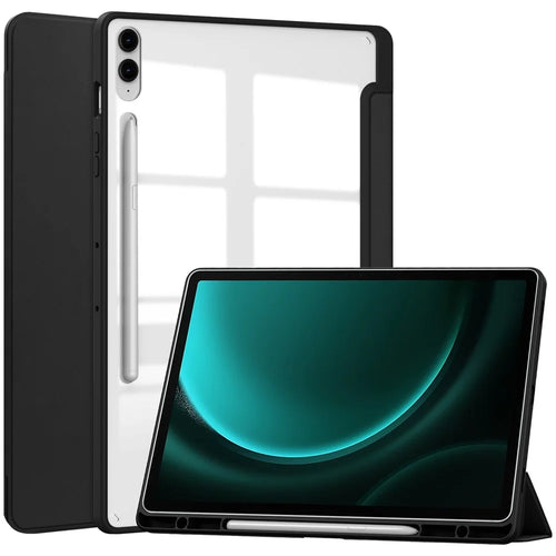 For Samsung Galaxy Tab S9 FE+ Clear Case Pen Slot Tablet Tri-fold Stand Cover - Black - 1