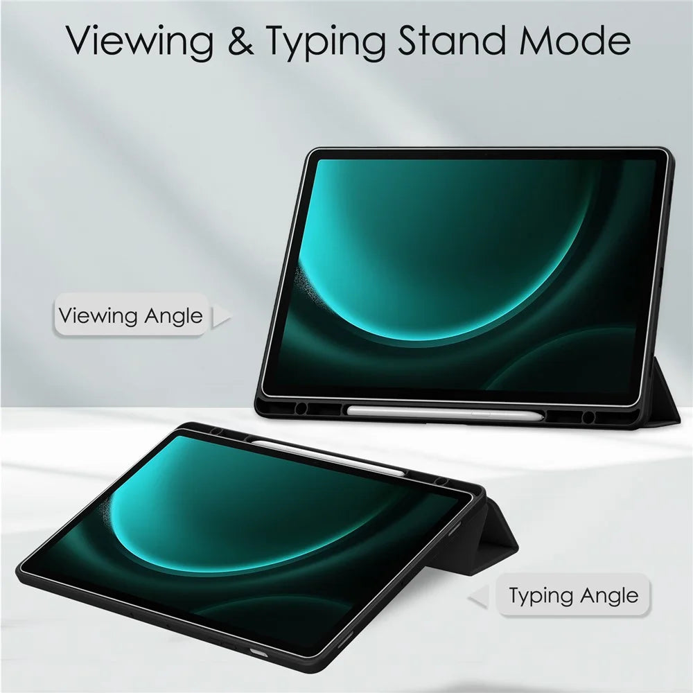 For Samsung Galaxy Tab S9 FE+ Clear Case Pen Slot Tablet Tri-fold Stand Cover - Black - 2