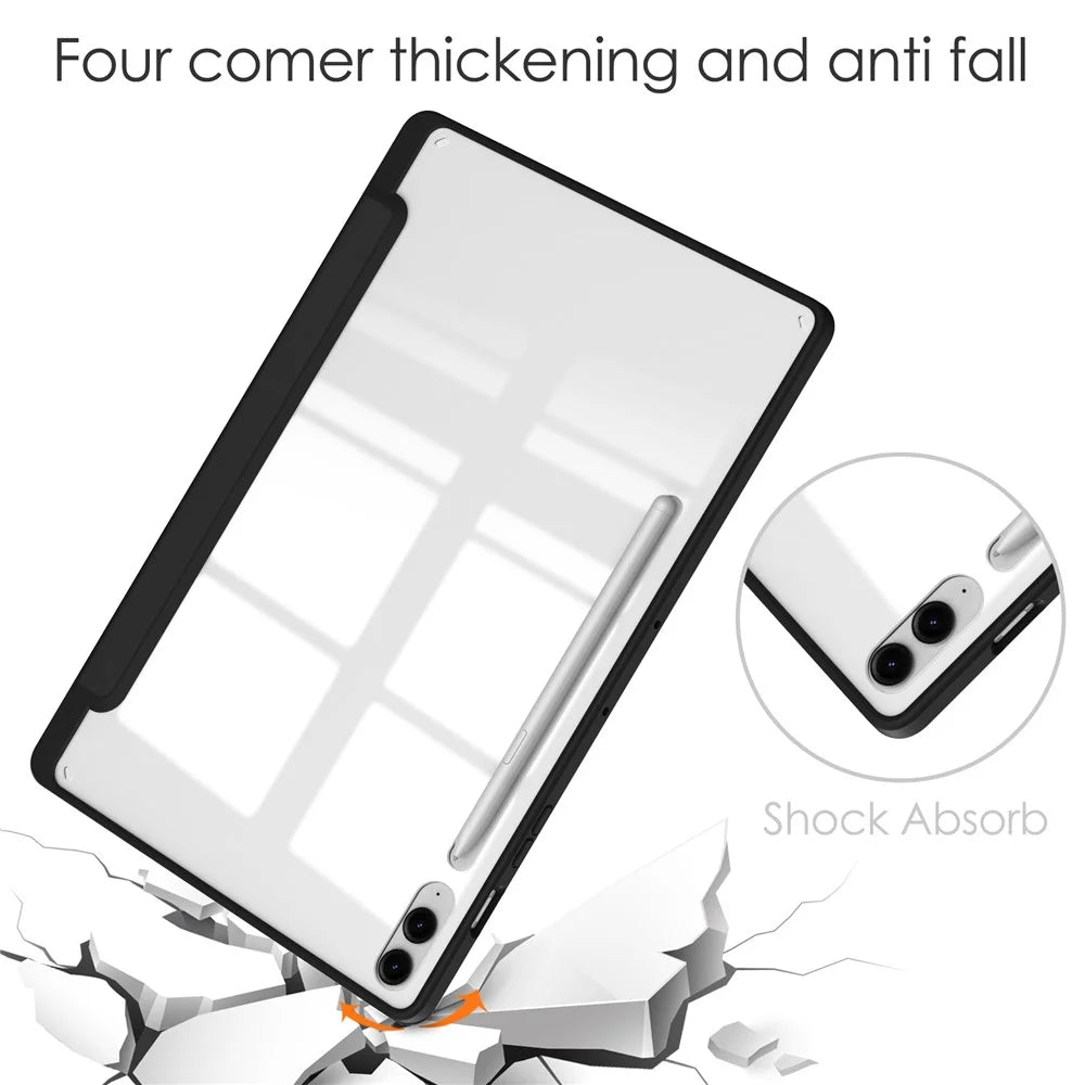 For Samsung Galaxy Tab S9 FE+ Clear Case Pen Slot Tablet Tri-fold Stand Cover - Black - 4