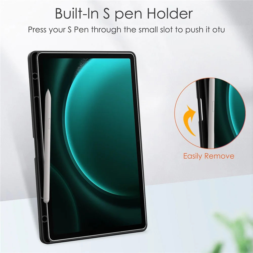 For Samsung Galaxy Tab S9 FE+ Clear Case Pen Slot Tablet Tri-fold Stand Cover - Black - 5