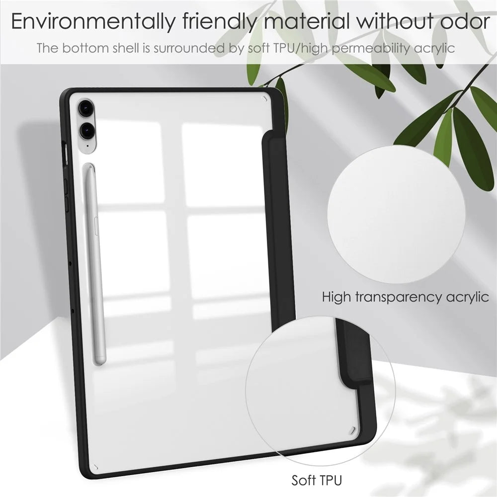 For Samsung Galaxy Tab S9 FE+ Clear Case Pen Slot Tablet Tri-fold Stand Cover - Black - 6