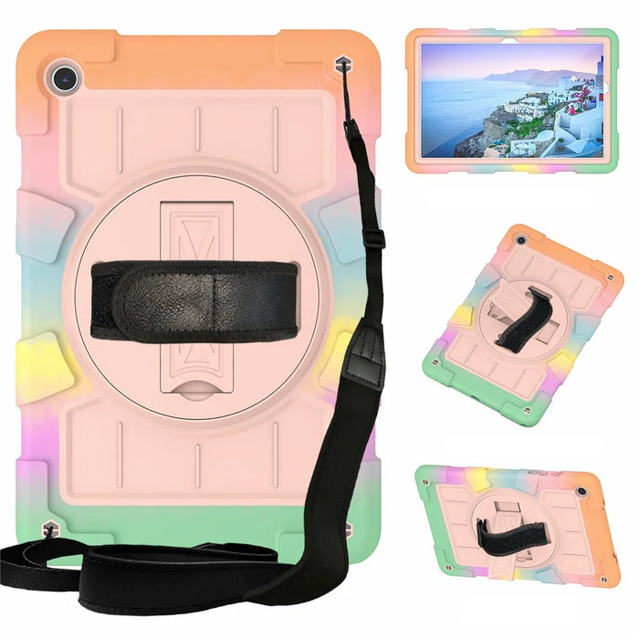 For Samsung Galaxy Tab A9+ Rugged Kickstand Cover TPU+PC Tablet Case with Shoulder Strap - Colorful Gold - 1