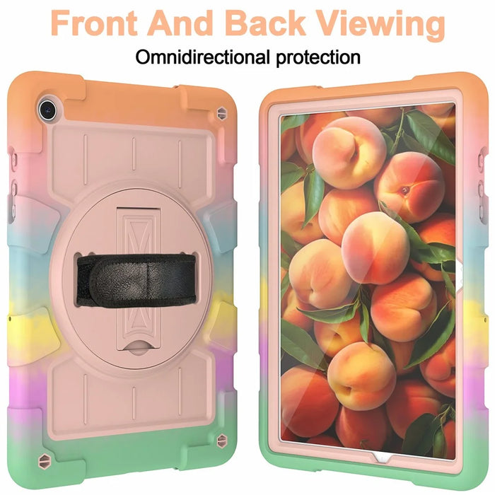 For Samsung Galaxy Tab A9+ Rugged Kickstand Cover TPU+PC Tablet Case with Shoulder Strap - Colorful Gold - 4