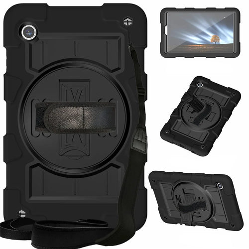 For Samsung Galaxy Tab A9 Case PC+TPU Rotary Hand Band Kickstand Cover with Shoulder Strap - Black - 1