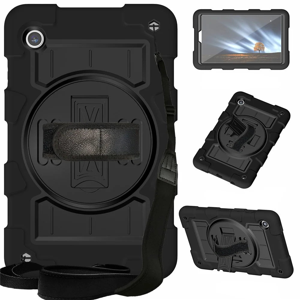 For Samsung Galaxy Tab A9 Case PC+TPU Rotary Hand Band Kickstand Cover with Shoulder Strap - Black - 1