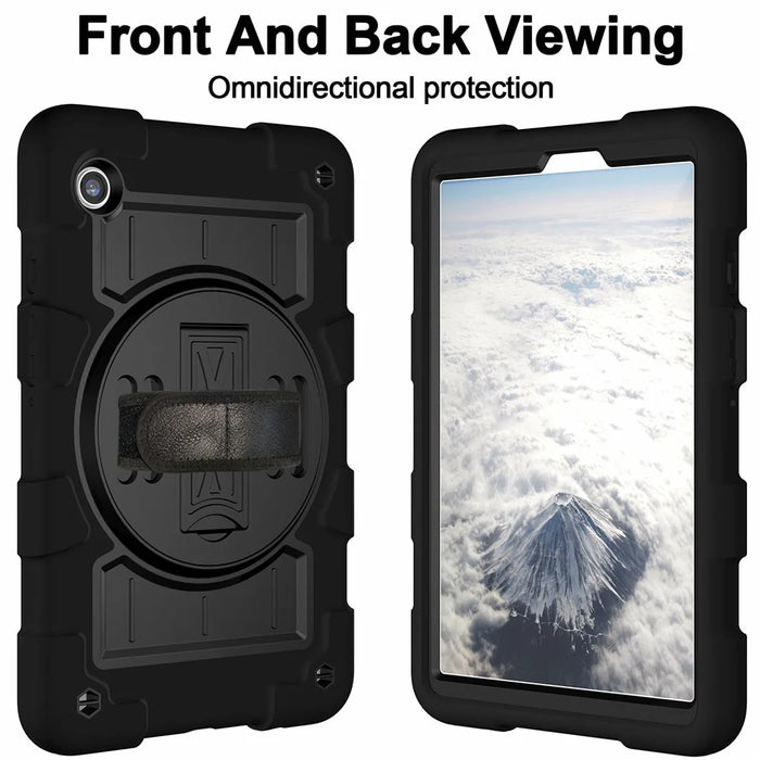 For Samsung Galaxy Tab A9 Case PC+TPU Rotary Hand Band Kickstand Cover with Shoulder Strap - Black - 4