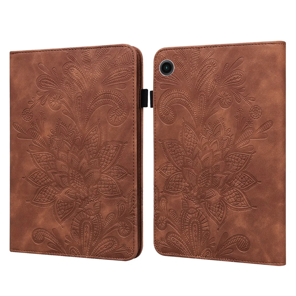 For Samsung Galaxy Tab A11 / A9 Leather Case Flower Imprint Tablet Wallet Cover - Brown - 1