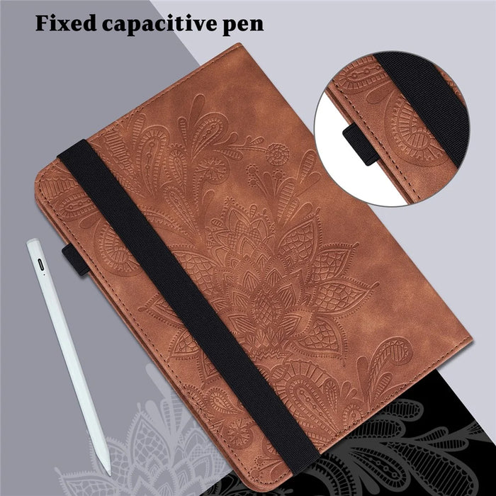 For Samsung Galaxy Tab A11 / A9 Leather Case Flower Imprint Tablet Wallet Cover - Brown - 6