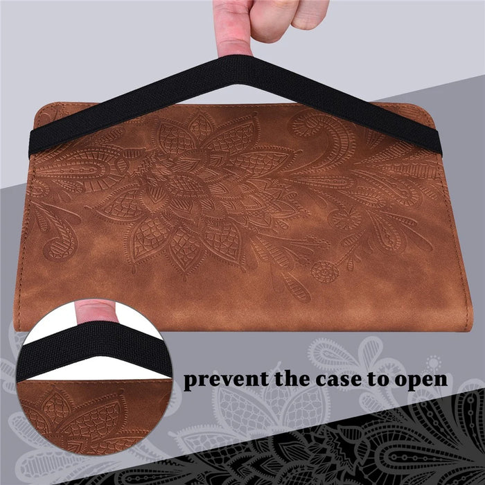 For Samsung Galaxy Tab A11 / A9 Leather Case Flower Imprint Tablet Wallet Cover - Brown - 7
