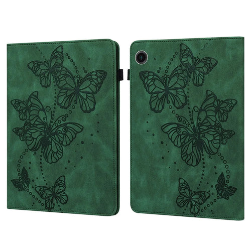 For Samsung Galaxy Tab A11+ / A9+ Case Leather Card Holder Butterfly Imprinted Tablet Cover - Green - 1