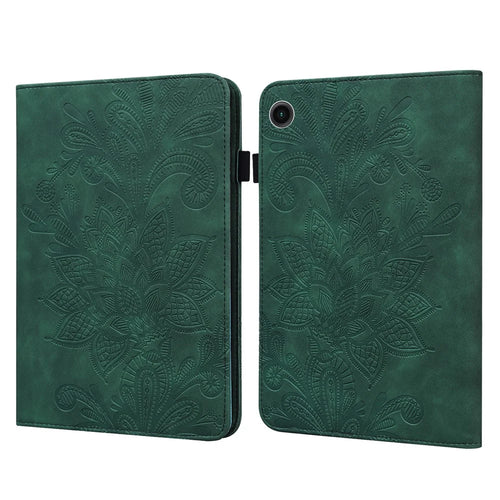 For Samsung Galaxy Tab A11+ / A9+ Case Flower Imprinting PU Leather Wallet Tablet Cover - Green - 1