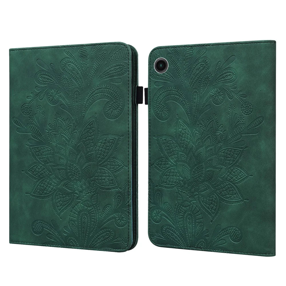 For Samsung Galaxy Tab A11+ / A9+ Case Flower Imprinting PU Leather Wallet Tablet Cover - Green - 1