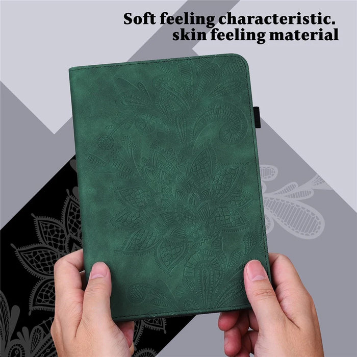For Samsung Galaxy Tab A11+ / A9+ Case Flower Imprinting PU Leather Wallet Tablet Cover - Green - 5