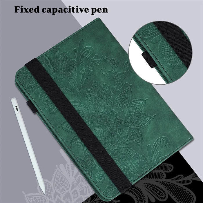 For Samsung Galaxy Tab A11+ / A9+ Case Flower Imprinting PU Leather Wallet Tablet Cover - Green - 6