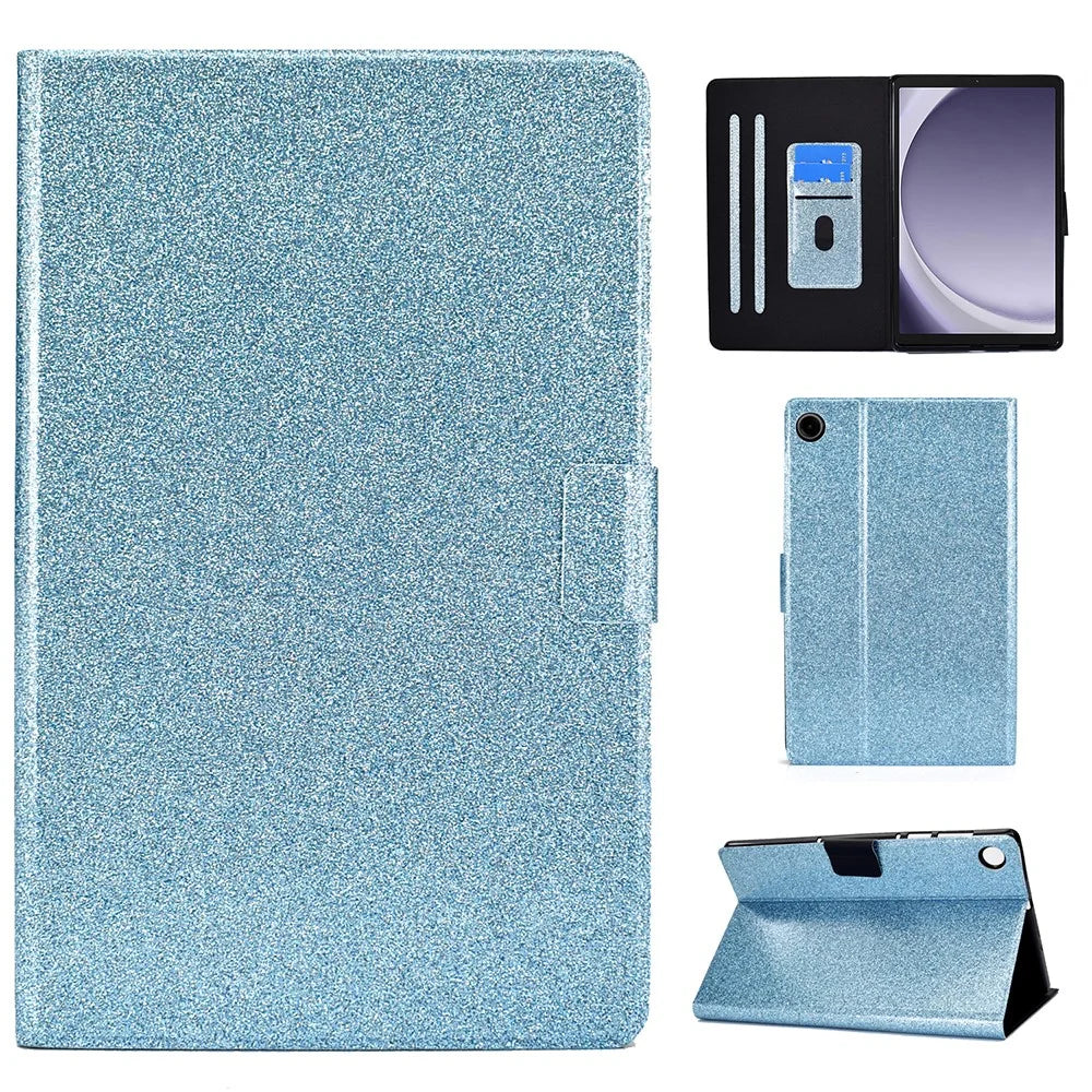 For Samsung Galaxy Tab A11+ / A9+ Glitter PU Leather Case Card Slots Stand Protective Cover - Blue - 1