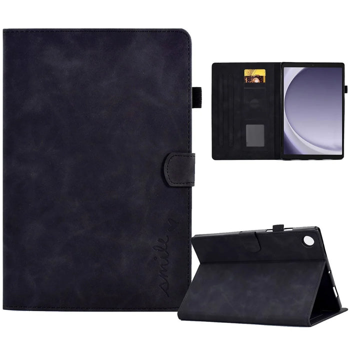 For Samsung Galaxy Tab A11 / A9 Smile Imprinted Case Microfiber Leather Card Holder Smart Tablet Cover - Black - 1