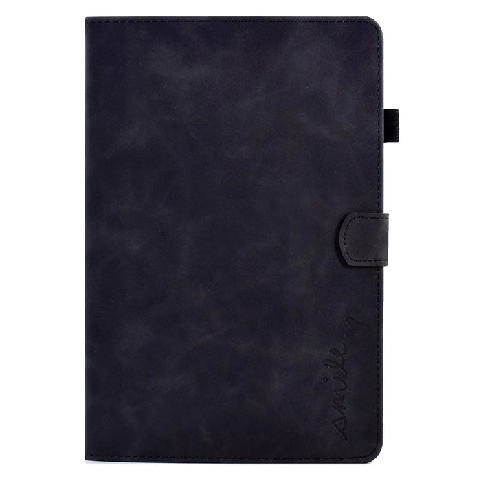 For Samsung Galaxy Tab A11 / A9 Smile Imprinted Case Microfiber Leather Card Holder Smart Tablet Cover - Black - 7