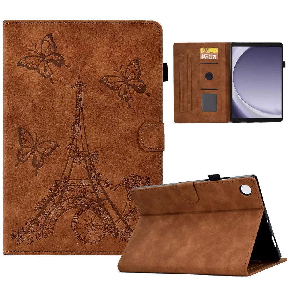 For Samsung Galaxy Tab A11 / A9 Microfiber Leather Case Iron Tower Imprinted Smart Tablet Cover - Brown - 1