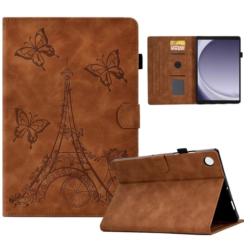For Samsung Galaxy Tab A11 / A9 Microfiber Leather Case Iron Tower Imprinted Smart Tablet Cover - Brown - 1