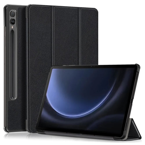 For Samsung Galaxy Tab S9 FE+ SM-x610 / SM-616 Case Leather Tablet Cover with Trifold Stand - Black - 1