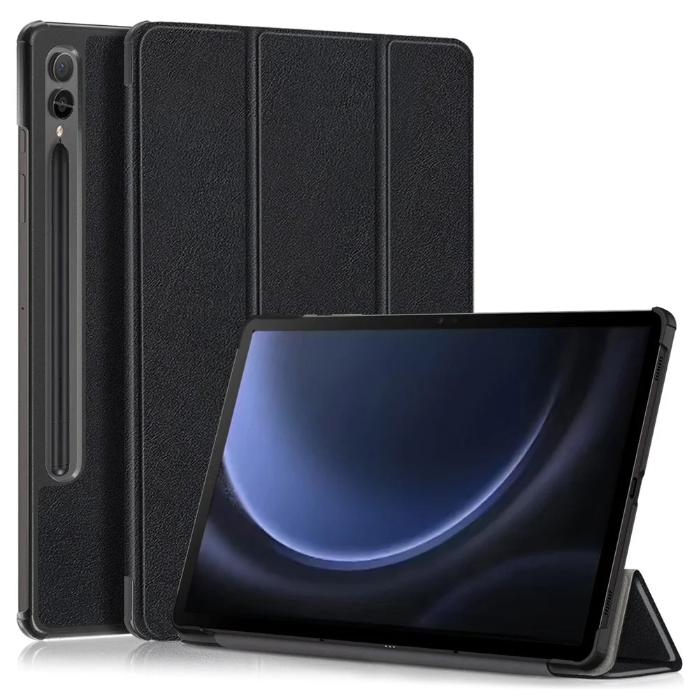 For Samsung Galaxy Tab S9 FE+ SM-x610 / SM-616 Case Leather Tablet Cover with Trifold Stand - Black - 1