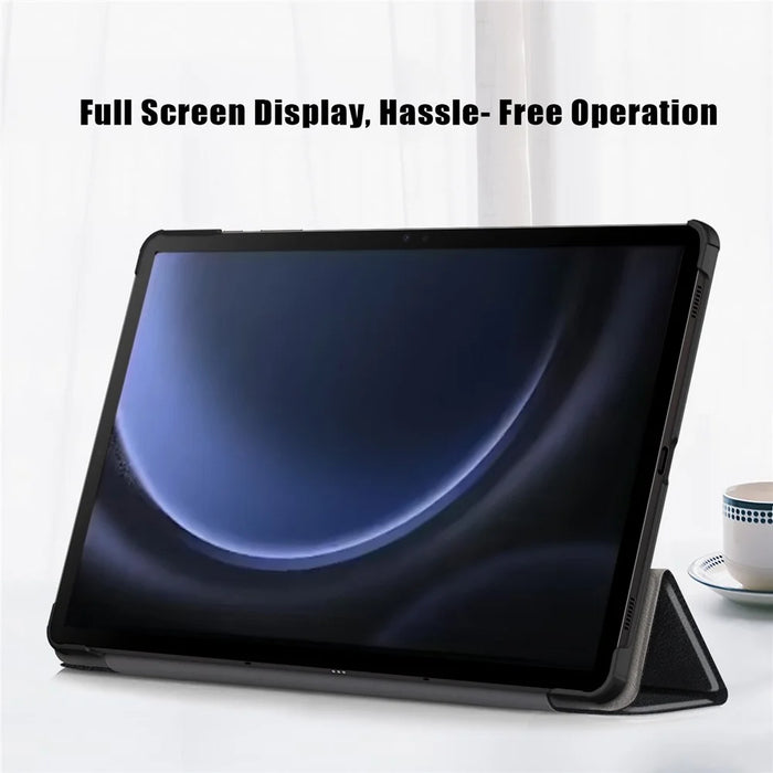 For Samsung Galaxy Tab S9 FE+ SM-x610 / SM-616 Case Leather Tablet Cover with Trifold Stand - Black - 6