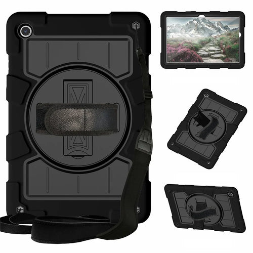 For Samsung Galaxy Tab A9+ Kickstand Case Rotating Hand Strap PC+TPU Tablet Cover with Shoulder Strap - Black - 1