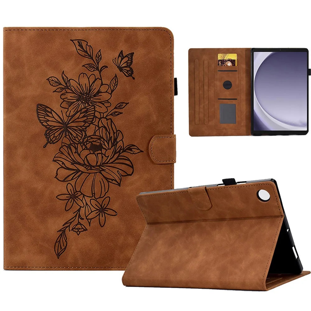 For Samsung Galaxy Tab A9+ Case PU Leather Tablet Cover with Card Holder Stand - Brown - 1