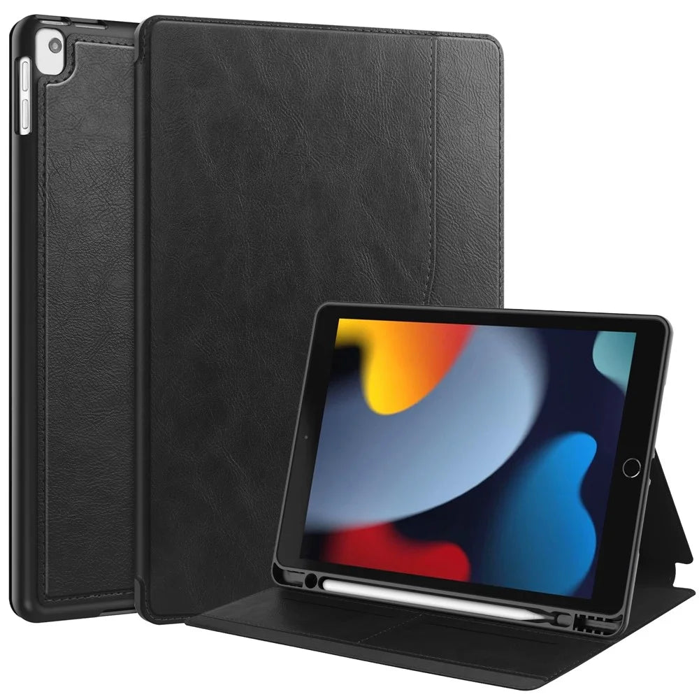 For iPad 10.2 (2019) / (2020) / (2021) Case PU Leather Stand Auto Wake / Sleep Tablet Cover with Card Holder - Black - 1