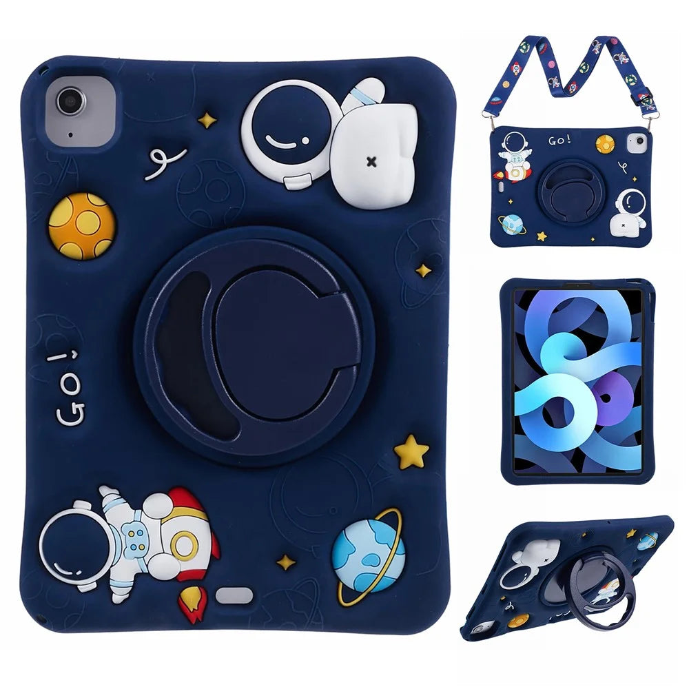 For iPad Air (2020) / (2022) Protective Kickstand Case Astronaut Design Silicone Tablet Cover with Strap - 1