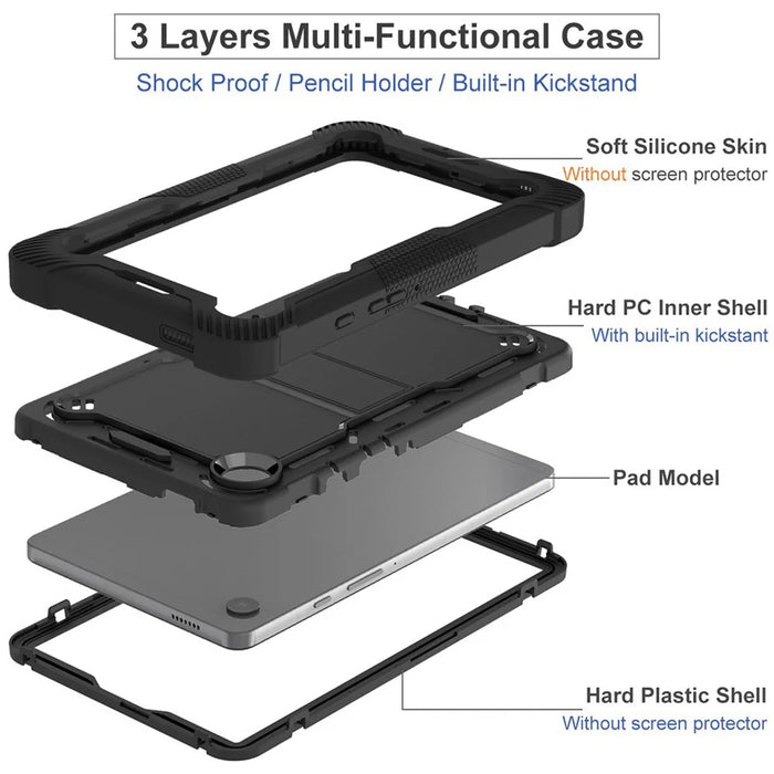 For Samsung Galaxy Tab A11 / A9 Kickstand Cover Silicone + PC Defender Shockproof Tablet Case - Black - 6