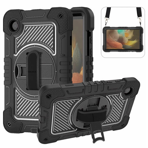 For Samsung Galaxy Tab A11 / A9 Rugged Kickstand Case Silicone+PC Tablet Cover with Wrist Band / Shoulder Strap - All Black - 1